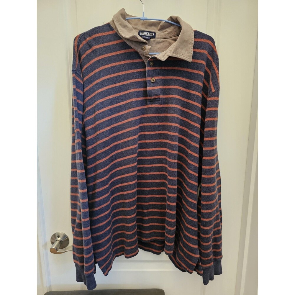 Lands End Mens Long Sleeve Polo Shirt Size XXL 50-52 Blue Orange Striped Rugby